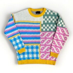 ASOS DESIGN knit patchwork sweater 2XS 34 pink 80s 90s Rainbow Preppy Cozy Cabin